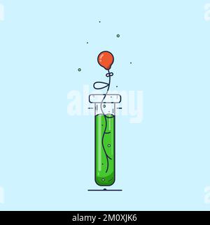 Coscia di pollo coltivata in laboratorio. Provetta da laboratorio con liquido verde e bolle. Prendersi cura del pianeta. Illustrazione Vettoriale