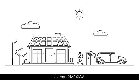 Illustrazione grafica vettoriale con paesaggio urbano suburbano, uomo con caffè e auto elettrica intelligente in carica. Illustrazione Vettoriale