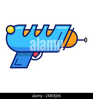 Illustrazione vettoriale con un cartoon retrò blaster. Arma laser blu o pistola a raggi su sfondo bianco. Illustrazione Vettoriale