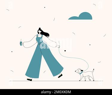 Giovane donna che cammina con il cane fuori. Illustrazione Vettoriale