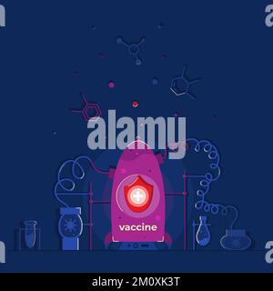 Razzo viola con vaccino contro tutte le malattie vola fuori dal laboratorio buio e porta la salute e la luce al mondo. Illustrazione Vettoriale