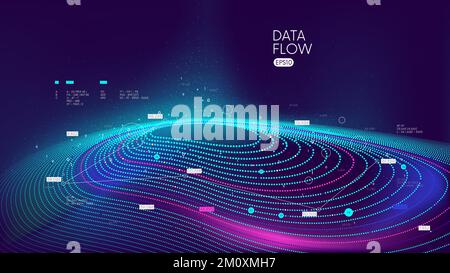 Visualizzazione dell'analisi dei big data sul cloud digitale tramite intelligenza artificiale e apprendimento automatico, elaborazione del flusso di dati onda digitale, cifra del database Illustrazione Vettoriale