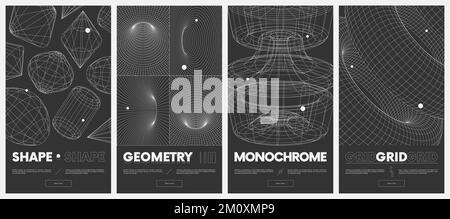 Collezione poster vettoriali con strani wireframe di forme geometriche Design moderno ispirato al brutalismo, astratto 3D sfere e griglie set 7 Illustrazione Vettoriale