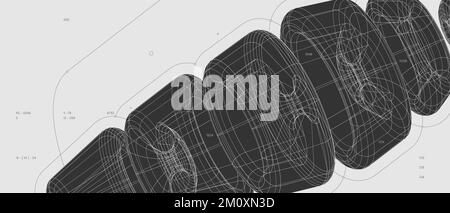 Strani wireframe astratti moderni 3D forme geometriche, composizione grafica disegno sfondo vettoriale, schemi futuristici di un meccanismo inesistente, Illustrazione Vettoriale