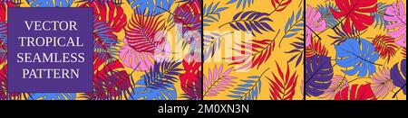 Motivi senza cuciture con foglie e piante esotiche tropicali, composizione botanica vettoriale in vari colori con contorno nero su sfondo giallo, set 4 Illustrazione Vettoriale