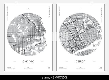 Poster di viaggio, mappa urbana della città di Chicago e Detroit, illustrazione vettoriale Illustrazione Vettoriale