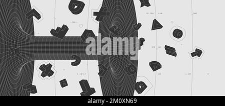 Strane strutture astratte moderne a reticolo 3D forme geometriche, composizione grafica disegno sfondo vettoriale, illustrazione minimalista in stile brutalistico con Illustrazione Vettoriale