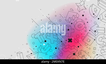 Figure isometriche astratto gradiente sfondo matematico 3D struttura primitive fisiche, Vector poster con strani wireframe di forme geometriche Illustrazione Vettoriale