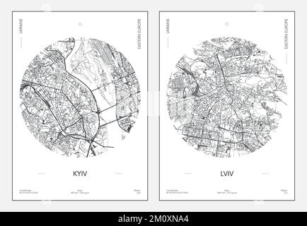 Poster di viaggio, mappa urbana della città di Kiev e Lviv, illustrazione vettoriale Illustrazione Vettoriale