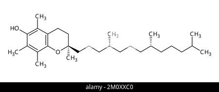 Struttura molecolare della vitamina E. La vitamina e è un nutriente essenziale, solubile nei grassi, con proprietà antinfiammatorie. Formula strutturale vettoriale del composto chimico con legami rossi e etichette di atomi neri. Illustrazione Vettoriale