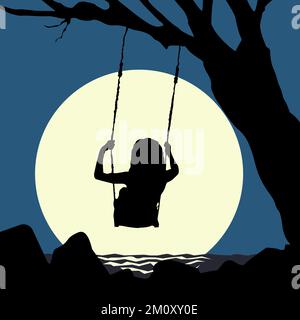 Ragazza su un'altalena appesa ad un albero al mare con illustrazione del vettore della luna pazzo Illustrazione Vettoriale