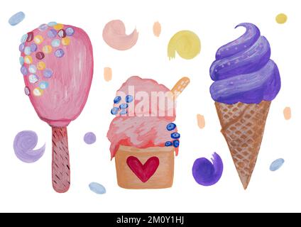 Set di icecream acrilica dipinta a mano e dolci su sfondo bianco. Colori pastello luminosi Foto Stock