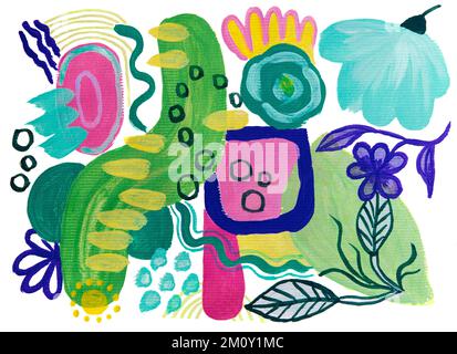 Pittura astratta elementi geometrici e floreali. Pittura acrilica disegnata a mano. Colori pastello luminosi. Foto Stock