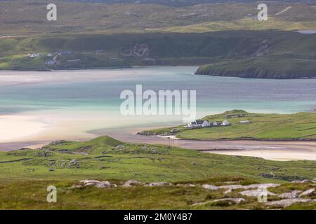 Crowlista e Uig Bay Panorama, Uig, Lewis, Isola di Lewis, Ebridi, Ebridi esterne, Western Isles, Scozia, Regno Unito, Gran Bretagna Foto Stock
