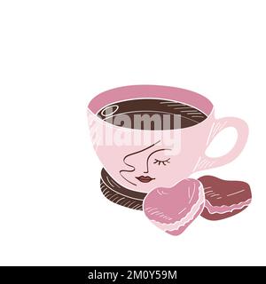 Una tazza di tè o caffè con macaron. Illustrazione vettoriale in stile piatto. Illustrazione Vettoriale