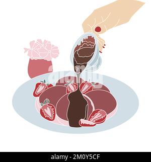 Ancora vita di dessert, fragole e fiori. Illustrazione vettoriale in stile falt. Illustrazione Vettoriale