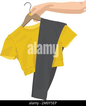 Mano della donna che tiene i vestiti su un appendiabiti. Illustrazione vettoriale nello stile di schizzo. Illustrazione Vettoriale