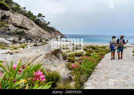 Due escursionisti nell'isola di Montecristo, parte dell'Arcipelago Toscano. E' una riserva naturale statale nel Mar Mediterraneo, in Italia Foto Stock