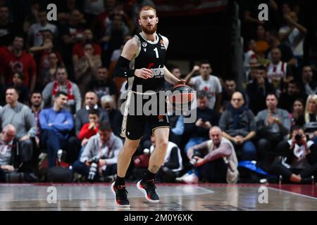 Belgrado, Serbia, 2nd dicembre 2022. Niccolo Mannion di Virtus Segafredo Bologna in azione durante la partita Eurolega della Turkish Airlines 2022/2023 tra Crvena Zvezda MTS Belgrado e Virtus Segafredo Bologna ad Aleksandar Nikolic a Belgrado, Serbia. Dicembre 2, 2022. Credito: Nikola Krstic/Alamy Foto Stock