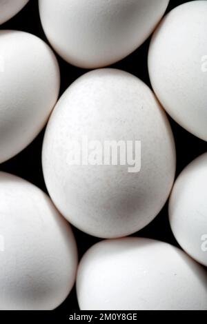 Uova bianche su un tavolo nero. Foto Stock