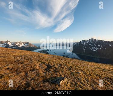 Gimsøystraumen da Kleppstadheia, Isole Lofoten, Norvegia Foto Stock