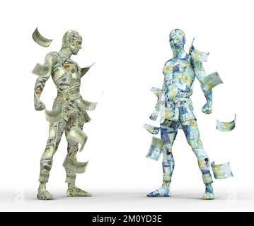 Dollaro USA vs dinaro kuwaitiano, trading Forex, abbinamento valutario, personaggi umani fatti di denaro, lotta valutaria, rendering 3d. Foto Stock