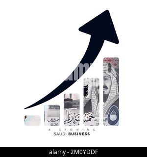 Icona aziendale in crescita. Clip mascheramento della nota riyal saudita a forma di grafico di crescita aziendale. Illustrazione Foto Stock