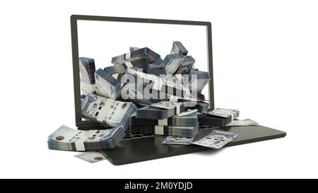 3D rendering di note riyal Saudita provenienti da un monitor notebook isolato su sfondo bianco. Pile di note riyal Saudita all'interno di un computer portatile. soldi da Foto Stock