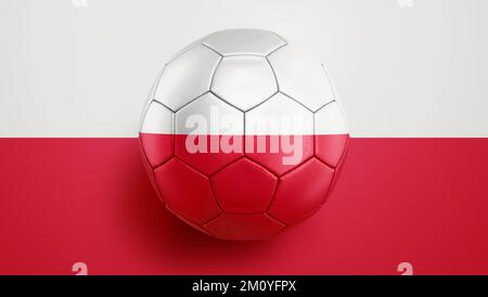 Calcio palla Polonia bandiera su uno sfondo bandiera Polonia. Illustrazione 3D Foto Stock