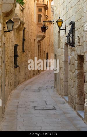 Uno stretto vicolo tortuoso della Città silenziosa - Mdina, Malta Foto Stock