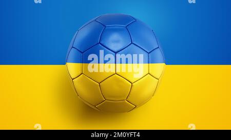 Calcio palla Ucraina bandiera su uno sfondo bandiera Ucraina. Illustrazione 3D Foto Stock