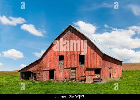 Scena rurale americana di fienile rosso stagionato a Palouse Hills, Washington Foto Stock