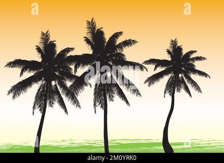 tre alberi di cocco silhouette in nero con sfondo arancione Illustrazione Vettoriale