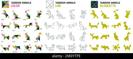 Puzzle tangram per bambini. Set di animali tangram. Illustrazione Vettoriale