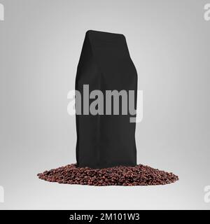 Mockup di confezione a soffietto nera per caffè, con valvola di degasaggio, zip pack per prodotti aromatici, astuccio stabile su chicchi di caffè. Modello di un containe Foto Stock