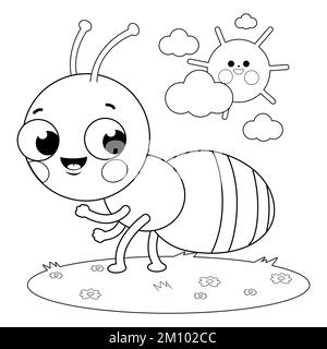 Carino vignetta formica in erba. Pagina da colorare in bianco e nero Foto Stock