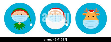 Babbo Natale, renne e elfo in maschere mediche. Avatar di Natale. Illustrazione vettoriale. Illustrazione Vettoriale
