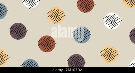 Astratto mano disegnata doodle childish stile vettore polka puntini sfondo. Cerchi semplici con motivo a righe. Irregolare a mano libera punteggiato festivo Illustrazione Vettoriale