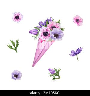 Un bouquet di anemone acquerello. Fiori luminosi con foglie verdi isolate su sfondo bianco. San Valentino, Festa della mamma. Foto Stock