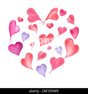 Cuore composto da piccoli cuori rosa, blu acquerello. Illustrazione romantica isolata su sfondo bianco. Per Salva la data, giorno di San Valentino Foto Stock