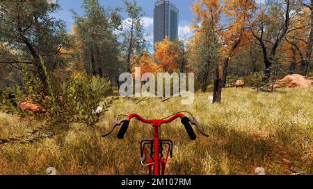 Red bike nell'ambiente digitale sul rendering 3D per lo sviluppo sostenibile Foto Stock