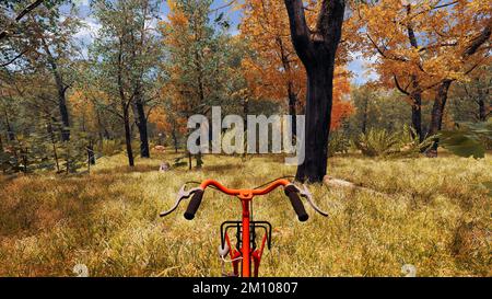 Red bike nell'ambiente digitale sul rendering 3D per lo sviluppo sostenibile Foto Stock