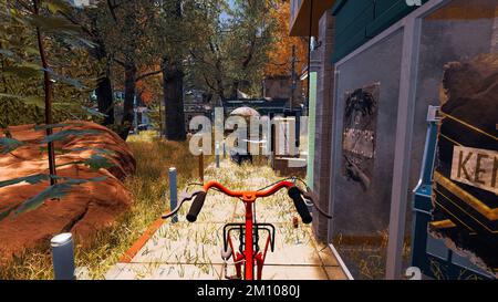 Red bike nell'ambiente digitale sul rendering 3D per lo sviluppo sostenibile Foto Stock