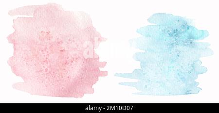 Acquerello disegnato a mano sfondi di colore blu e rosa Clipart Set, illustrazione tratti pennello, colore pastello blu e rosa spot, schizzi clip art, Des Foto Stock