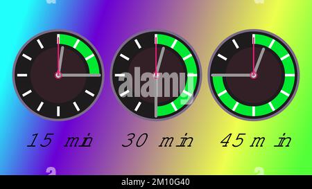 Set di timer da 15, 30 e 45 min, in stile orologio analogico Illustrazione Vettoriale