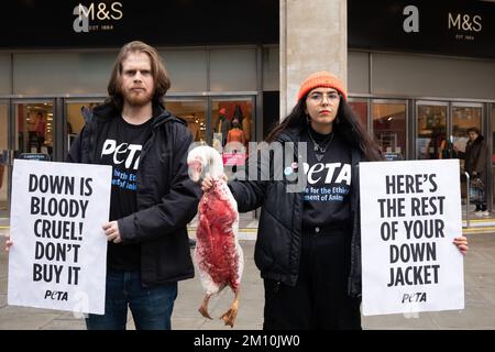 Londra, Regno Unito. 9 dicembre 2022. I sostenitori DI PETA che hanno un modello di un'oca morta e che trasportano segnali che si riferiscono alla campagna di giacche contro l'industria del piumino al di fuori della filiale ammiraglia di Marks & Spencer in Oxford Street. Secondo un'indagine PETA Asia, le piume di anatre sottoposte a crudeltà estrema sono state vendute a società come Marks & Spencer, H&M e Gap come "reperite in modo spontile". PETA sta chiedendo a Marks & Spencer e ad altre aziende di vietare la vendita di Down. Credit: Notizie dal vivo di Mark Kerrison/Alamy Foto Stock