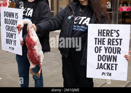 Londra, Regno Unito. 9 dicembre 2022. I sostenitori DI PETA che hanno un modello di un'oca morta e che trasportano segnali che si riferiscono alla campagna di giacche contro l'industria del piumino al di fuori della filiale ammiraglia di Marks & Spencer in Oxford Street. Secondo un'indagine PETA Asia, le piume di anatre sottoposte a crudeltà estrema sono state vendute a società come Marks & Spencer, H&M e Gap come "reperite in modo spontile". PETA sta chiedendo a Marks & Spencer e ad altre aziende di vietare la vendita di Down. Credit: Notizie dal vivo di Mark Kerrison/Alamy Foto Stock