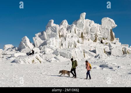 Una coppia con un cane nella giornata di sole invernale al vertice del picco Nero a 2290 m a Vitosha Mountain, Bulgaria, Europa orientale, Balcani, UE Foto Stock