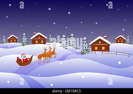 Babbo Natale in faccia a cavallo su una slitta con renne. Natale 2021. Illustrazione vettoriale. Illustrazione Vettoriale