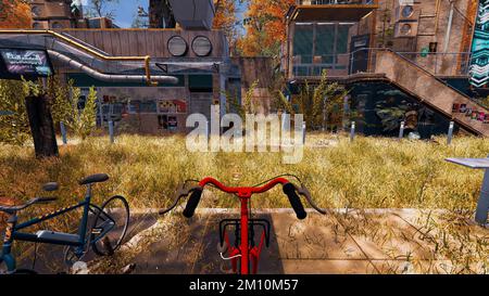 Red bike nell'ambiente digitale sul rendering 3D per lo sviluppo sostenibile Foto Stock